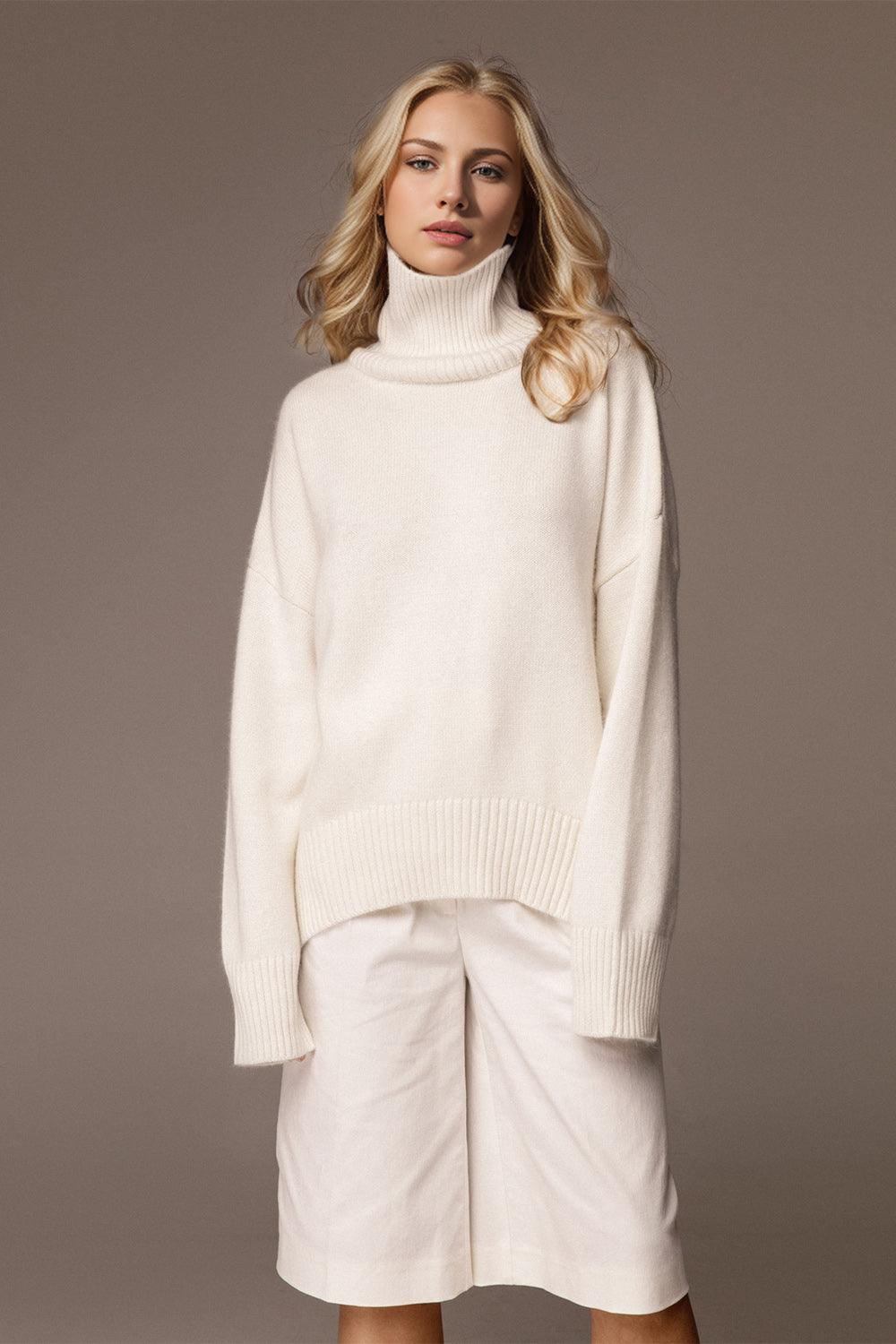Basic Bae Turtleneck Sweater Viscose Long Sleeve Oversized Knitwear White One Size