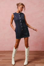 SO ME Denim Romper Button Up Front Dark Washed Sleeveless Jumpsuit e5ea452c734943ae918acc1c056df58c-Max-Origin Trendsi