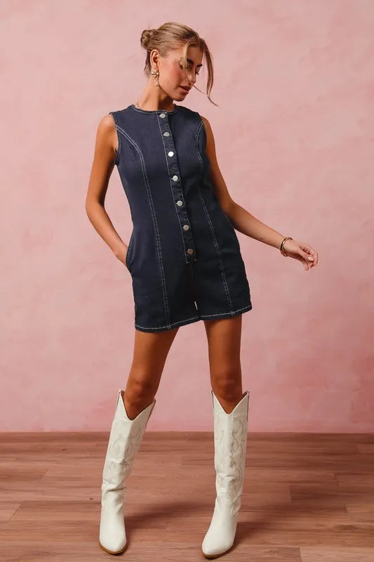 SO ME Denim Romper Button Up Front Dark Washed Sleeveless Jumpsuit e5ea452c734943ae918acc1c056df58c-Max-Origin Trendsi