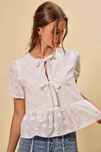 SO ME Cotton Eyelet Front Tie Short Sleeves Blouse