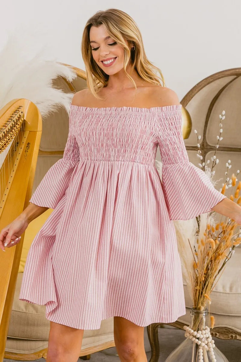 BiBi Striped Dress Blush Pink Smocked Off Shoulder Ruffled e5f2b62590564a0eb99cf0f2b42de522-Max-Origin Trendsi