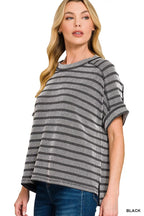 Zenana T-shirt Black Stripe Raised Rib Exposed Seam Top Short Sleeve e5f4d60662d044d6833cdcbf891ac539-Max-Origin Trendsi