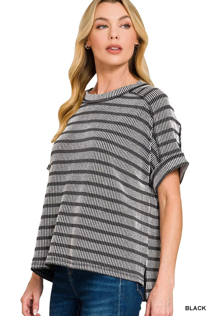 Zenana T-shirt Black Stripe Raised Rib Exposed Seam Top Short Sleeve e5f4d60662d044d6833cdcbf891ac539-Max-Origin Trendsi