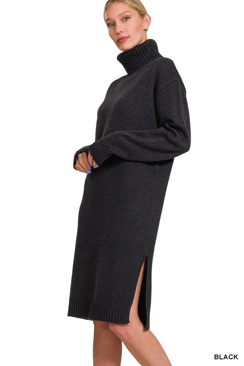 Zenana Midi Sweater Dress Black Turtle Neck Long Sleeve Side Slit e600db0b660c455daf2a8a21af93f35c-Max-Origin Trendsi