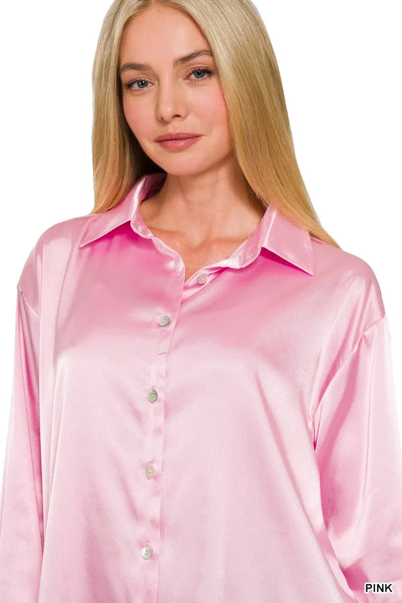 Zenana Satin Shirt Pink Long Sleeve Womens Button Up Top e60a68a941a64686b8da1af80d61adf6-Max-Origin Trendsi