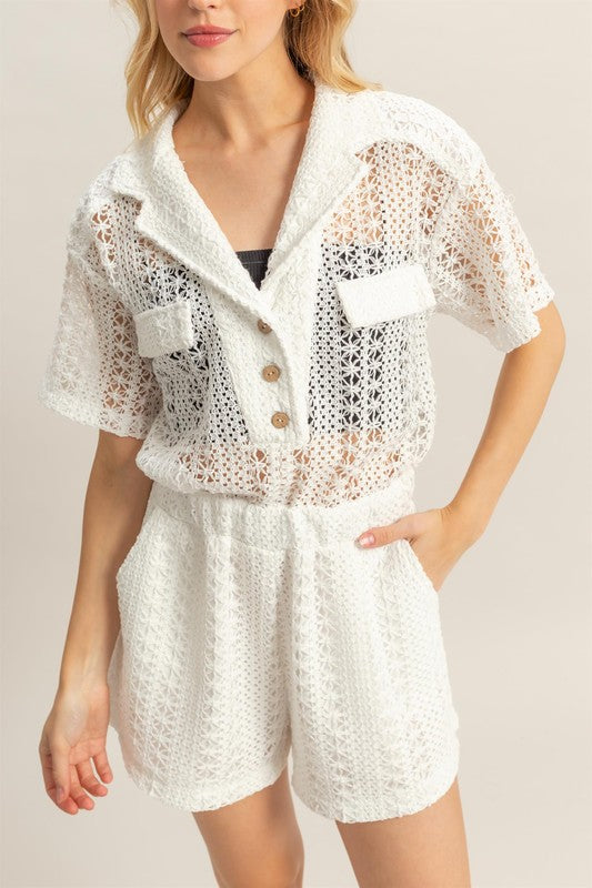 HYFVE Crochet Romper White Button Front Short Sleeve Jumpsuit e60b64a1-1e5e-4eac-ba36-b8648128a7ca-Max Trendsi