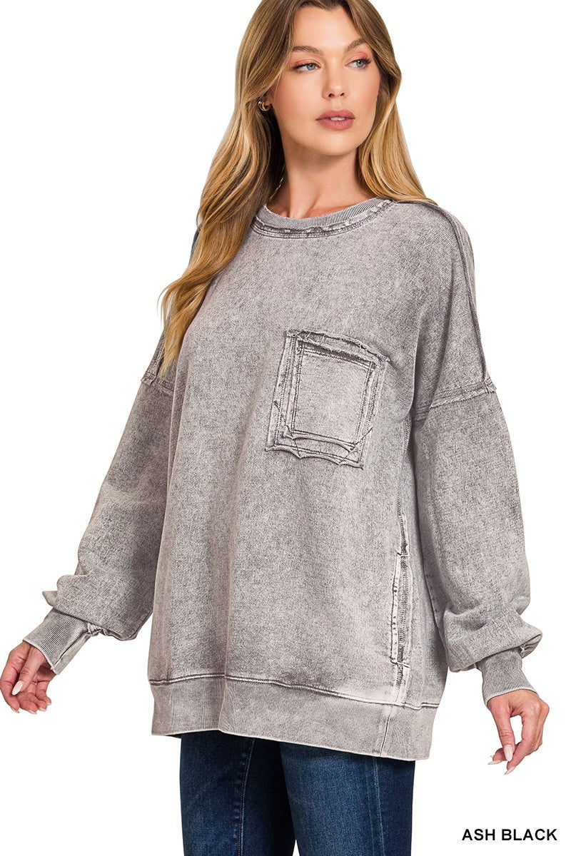 Zenana Halo Washed French Terry Sweatshirt with Exposed Seams