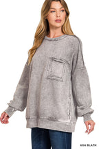 Zenana Halo Washed French Terry Sweatshirt with Exposed Seams