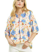Umgee Women's Mixed Floral Print V-Neck Buttoned Blouse with Boxy Fit