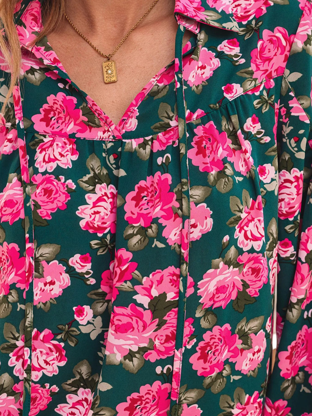 Women's Blouse Floral Pink Printed Tassel Tied Collar Puff Long Sleeve Top e618c7aa-748f-495a-aee1-265be5307b37-Max-Origin Trendsi