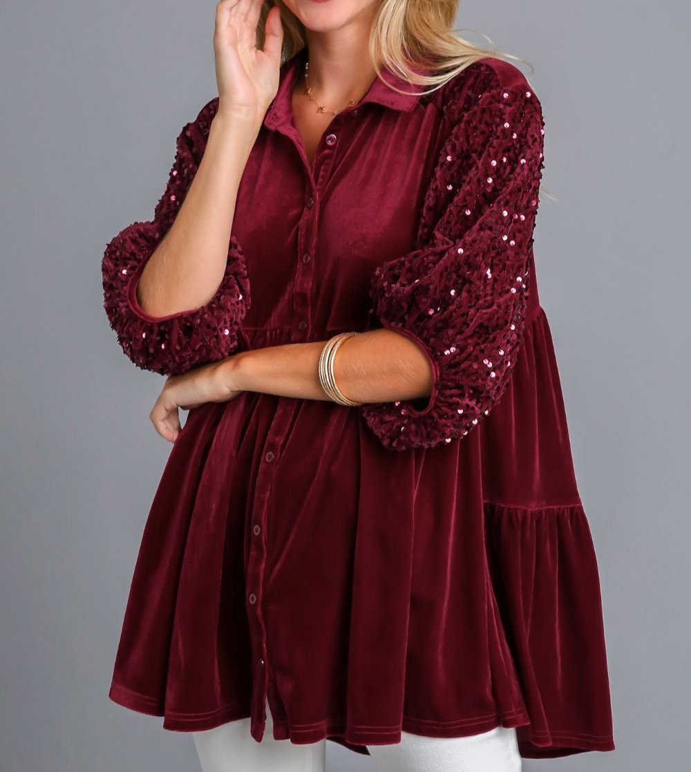 Umgee USA Sequin Shirt Burgundy Tiered Back Half Sleeve Babydoll Ruched