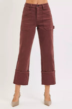 RISEN Womens Jeans Choco Brown High Rise Wide Straight Cuffed Patch e62baa97fa94484bb3c69c5f24e20e8b-Max-Origin Trendsi