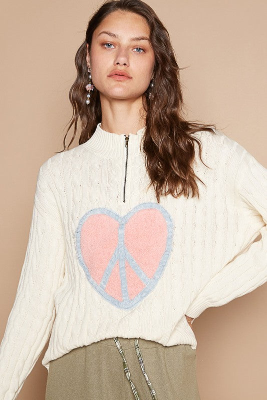 POL Cable-Knit Ivory Sweater Peace Patch Half Zip Mock Neck Long Sleeve e631c3f6-8a34-4043-945a-13bd877a4075-Max Trendsi