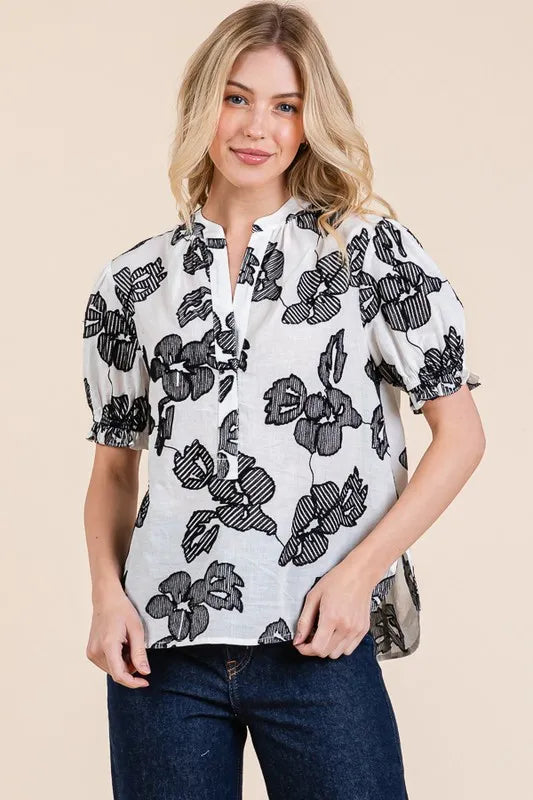 Lime 'N' Chili Blouse Floral Black Ivory Embroidered Split Neck Puff Sleeve e63ccd8dbea24dfa84d65033d861cf08-Max-Origin Trendsi