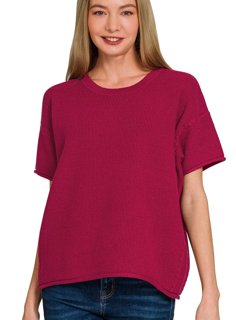 Zenana Lightweight Viscose Round-Neck Short Sleeve Sweater for Transitional Weather