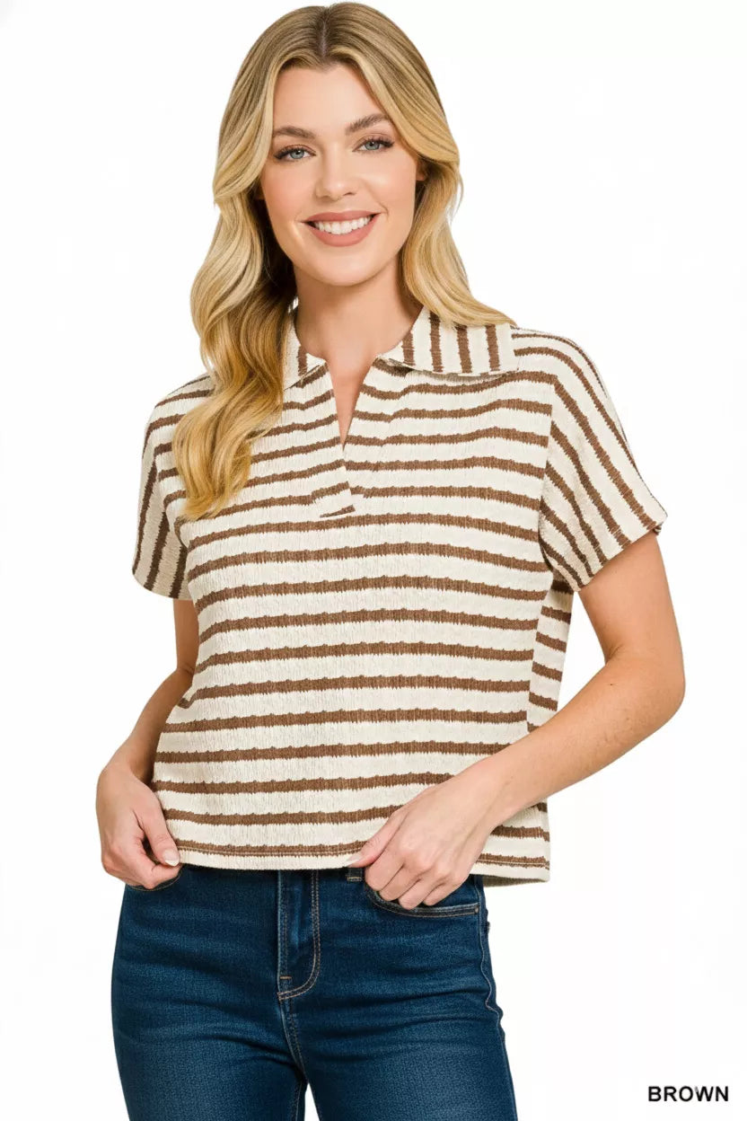 Zenana Blouse Brown Striped Split Neck Collared Top e63f3532-4959-476c-891d-d168c942b0d0-Max-Origin Trendsi