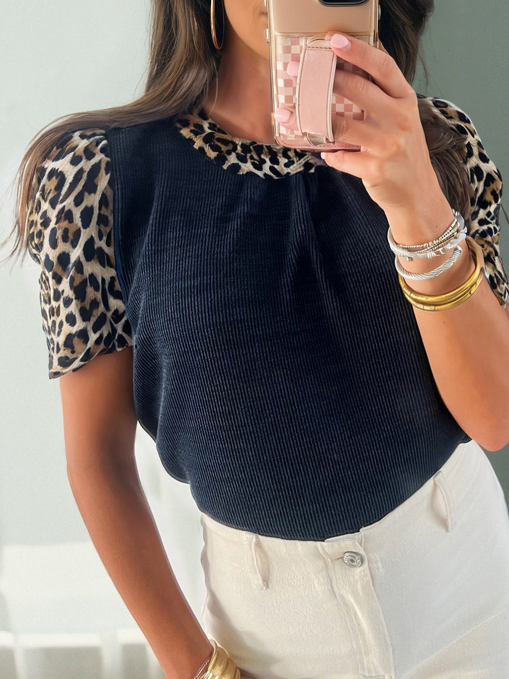 Leopard Print Short Sleeve Blouse