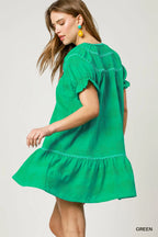 Umgee Babydoll Dress Green Heart Pattern Short Sleeve Ruffle Smocked e6541055-45f3-479c-98ea-a79e01eca061-Max-Origin Trendsi