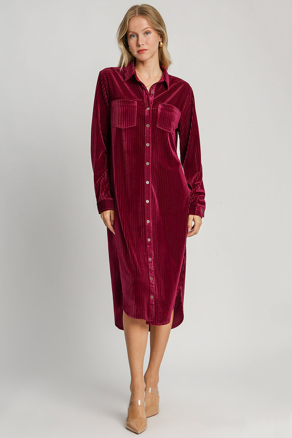 Umgee Shirt Dress Burgundy Texture Curved Hem Button Long Sleeve Side Slit