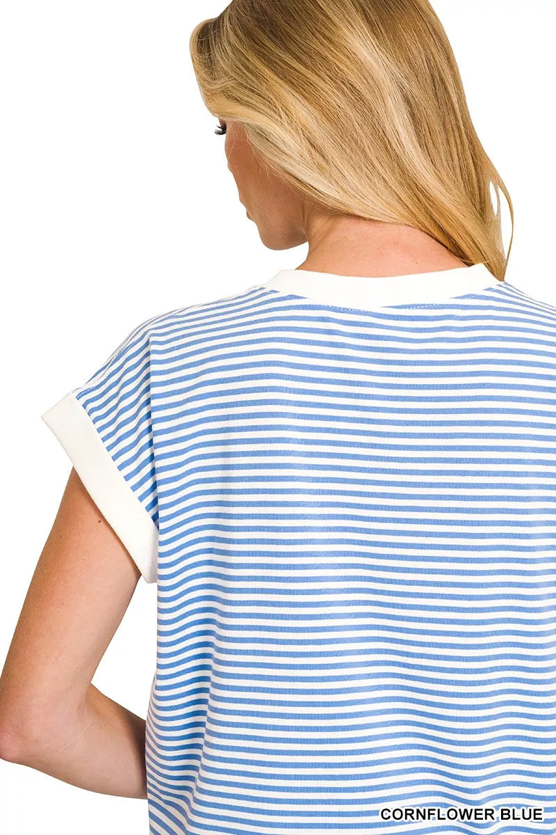 Zenana Striped T-Shirt Blue Round Neck Short Sleeve Contrast Trim Top e65b32afcdd34a759fc4086ed9d8175f-Max-Origin Trendsi