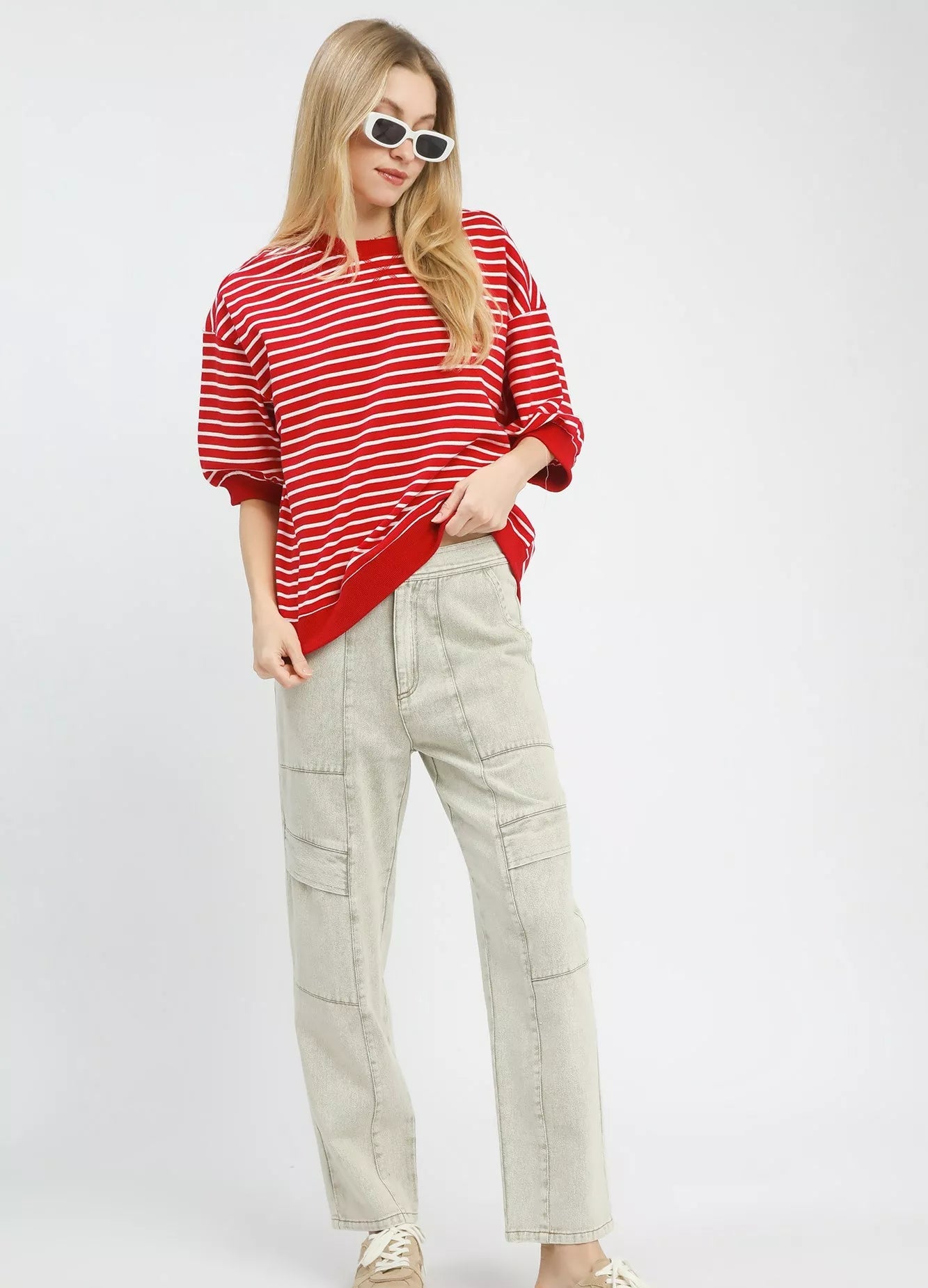 Umgee Cotton T-shirt Striped Red Short Sleeve Pullover Top RED e664d76c-52f6-48ef-9e9c-fe091c5cfc12-Max-Origin Trendsi
