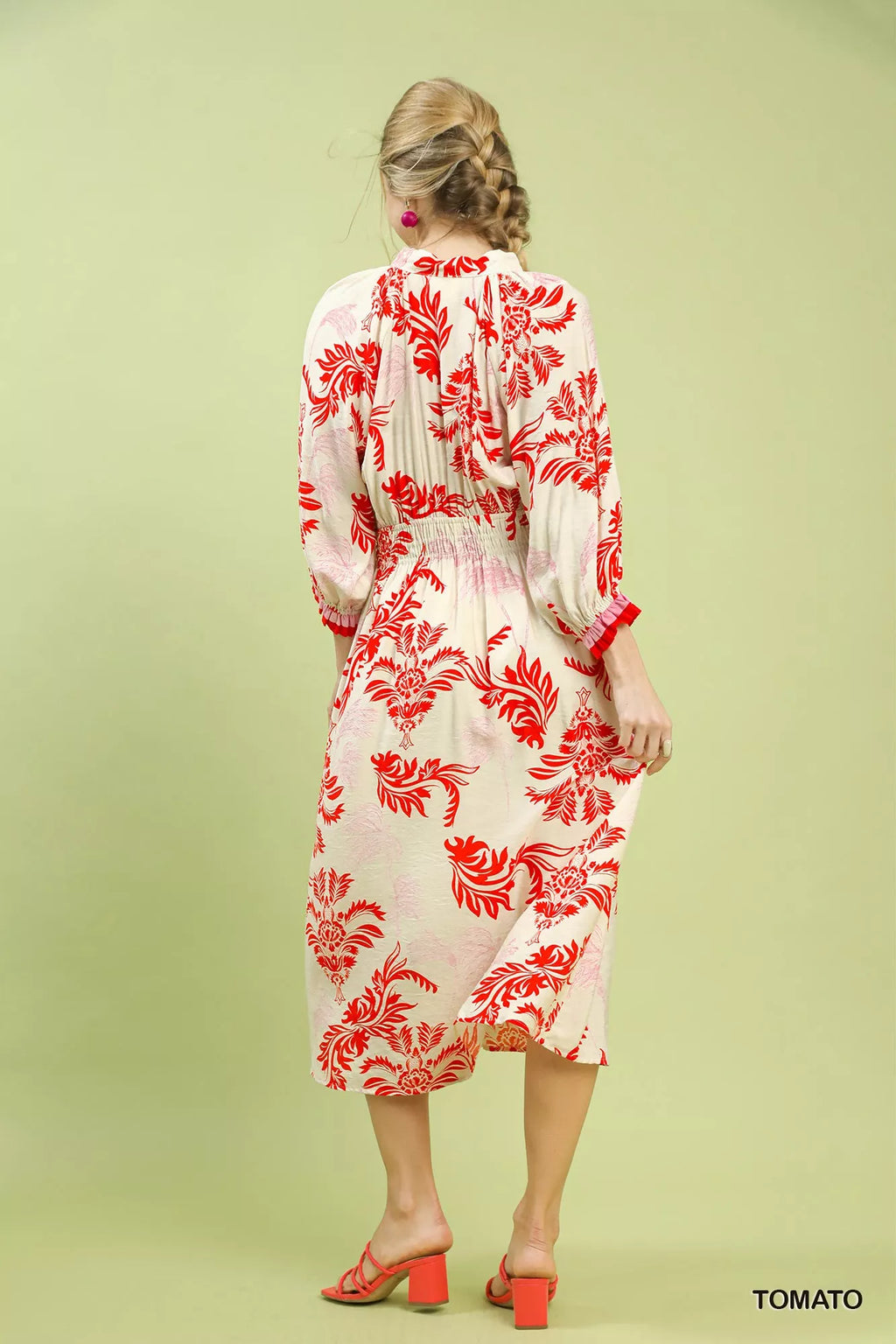 Umgee Midi Dress Red Tropical Print Button Detail Ruffled Smocked 3/4 Sleeve e666614b-6cbd-4ff2-aec4-e22152a4dd93-Max-Origin Trendsi
