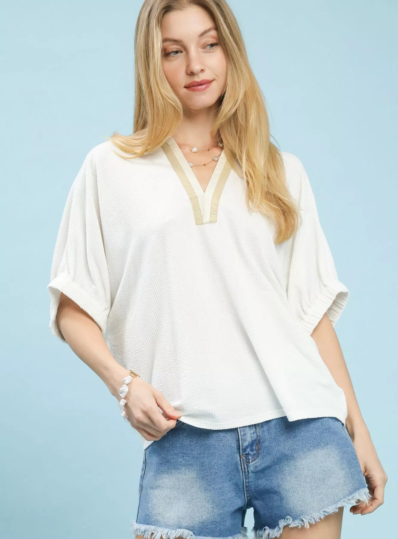 Umgee Contrast Collar V-Neck Top