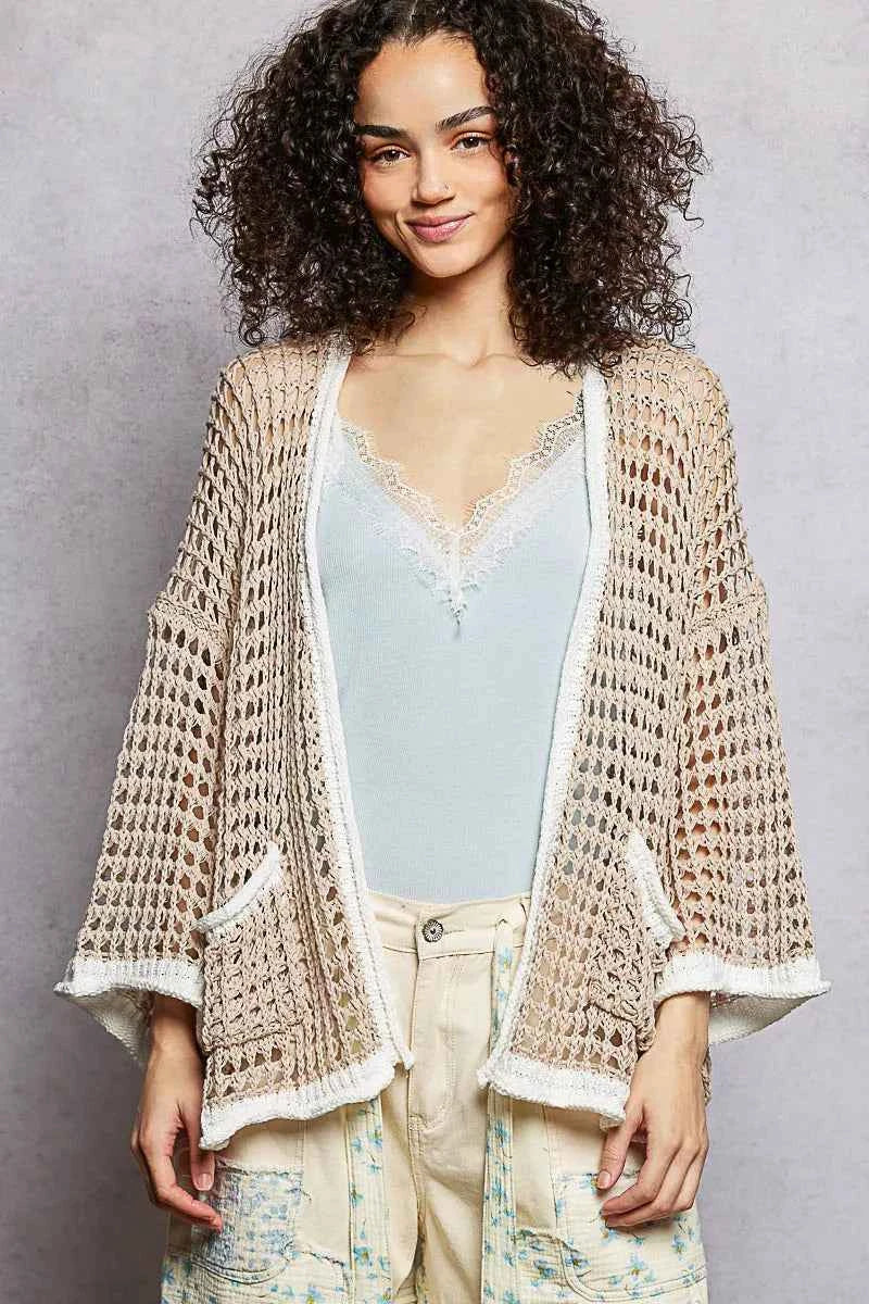 POL Open Front Openwork Cardigan with Contrast Trim
