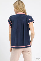 Umgee Womens Blouse Navy Linen Ruffle Short Sleeve Top e6742732-02ba-4169-b20e-a3be9d06da5a-Max-Origin Trendsi