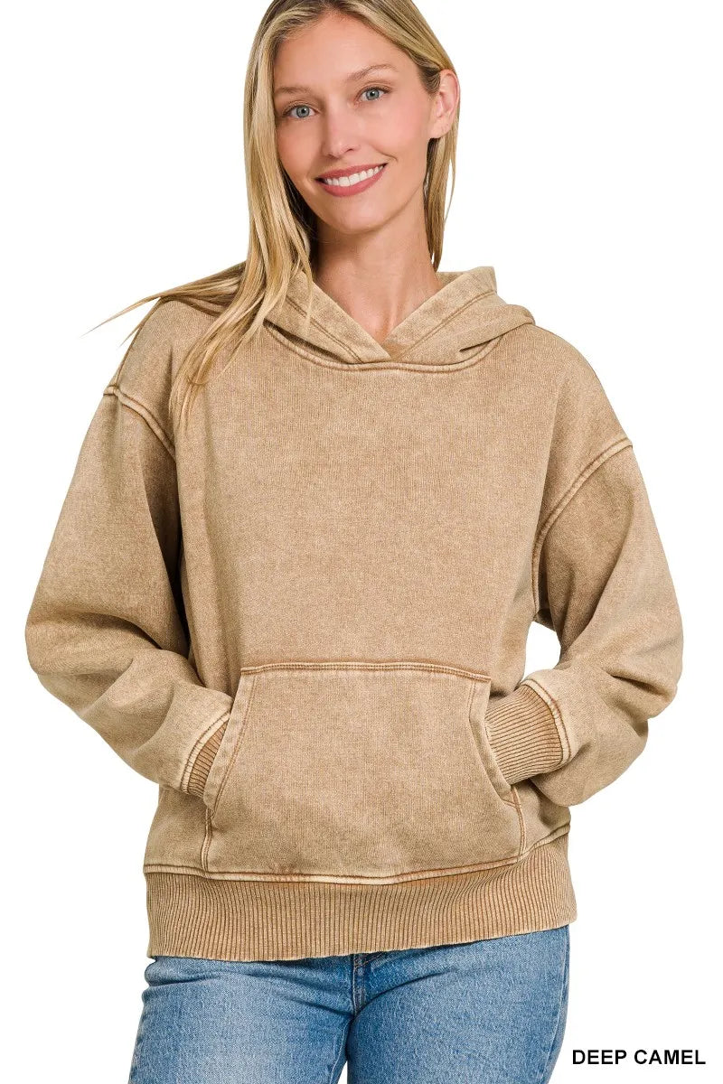 Zenana Fleece Hoodie Deep Camel Acid Wash Kangaroo Pocket for Women e67cea716a234b468028a657ea050038-Max-Origin Trendsi