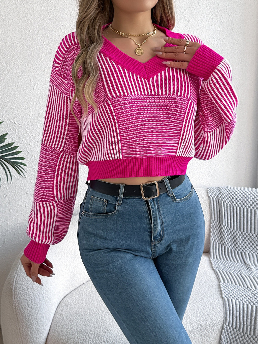 Striped Cropped Women Sweater V-Neck Long Sleeve Soft Knit Pullover Hot Pink e67fee57-136e-4d58-a17f-fa6f8bef71be-Max Trendsi