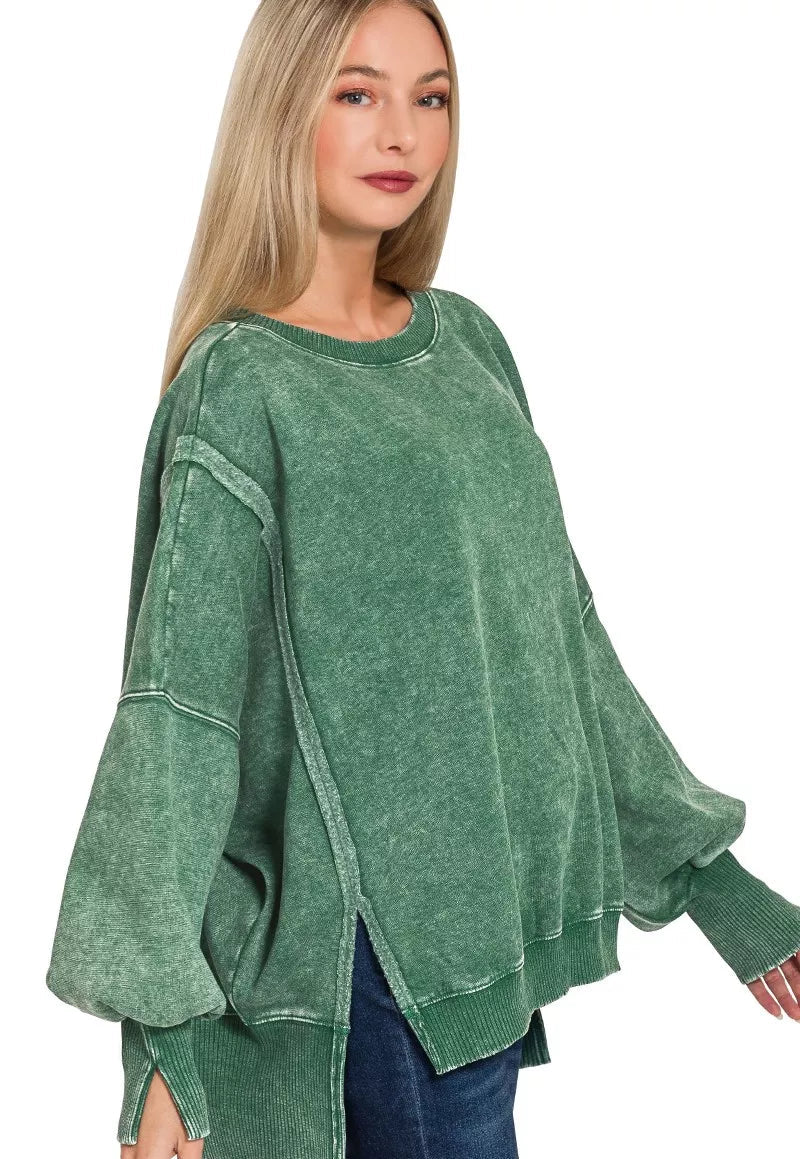 Zenana Acid Washed Batwing Sleeve Fleece Sweatshirt DK GREEN e68896ca687c4ab89bf59ac357233f69-Max-Origin Trendsi