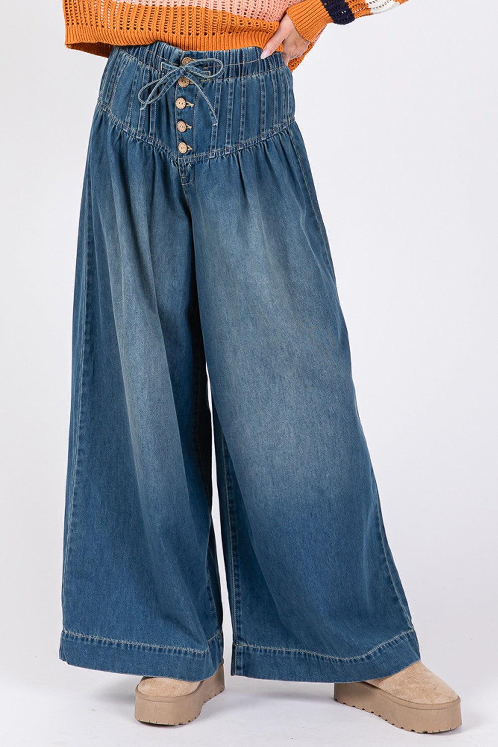 SAGE+FIG Wide Leg Jeans Smocked Waist Band Denim Pants