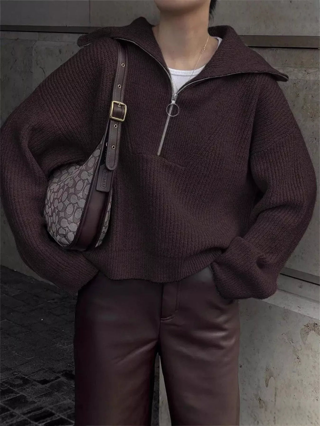 Women's Sweater Half Zip Dropped Shoulder Knit Loose Pullover Brown One Size e68dbdb1-7dd6-4646-8d8b-4fd9f205cdc1-Max-Origin Trendsi