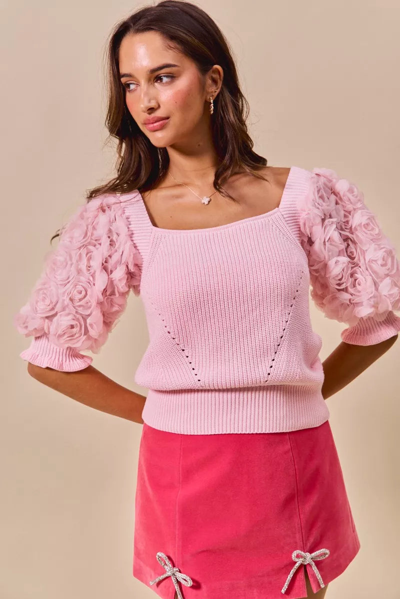 SO ME Rosette Sleeves Blouse Square Neck Sweater Knit Top Light Pink e697580b-e779-4a45-8178-7f92fdf29c88-Max-Origin Trendsi