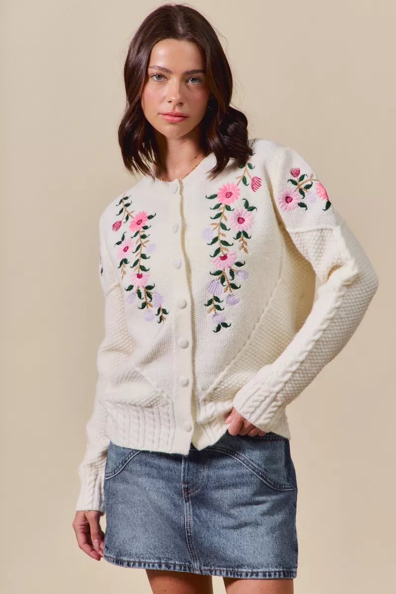 SO ME Women's Sweater Cardigan Floral Embroidered Coquette Ivory Cable-Knit e699f29047f84d10a7c83606f0920dc0-Max-Origin Trendsi