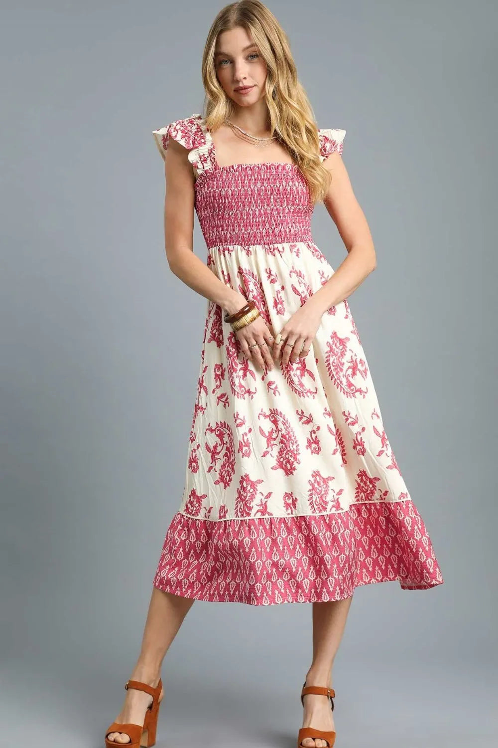 Umgee Ruffle Midi Dress Rose Paisley Printed Smocked Square Neck Deep Rose e6a61127-b442-422e-a953-a2a2af4781cb-Max-Origin Trendsi