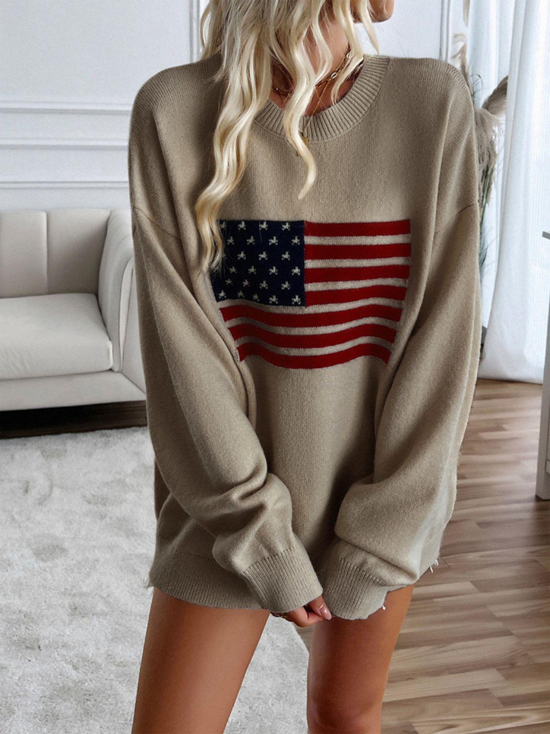 Knit Top US Flag Round Neck Long Sleeve Knitwear e6a97dee-5b96-459e-b01f-86a99560ed08-Max Trendsi