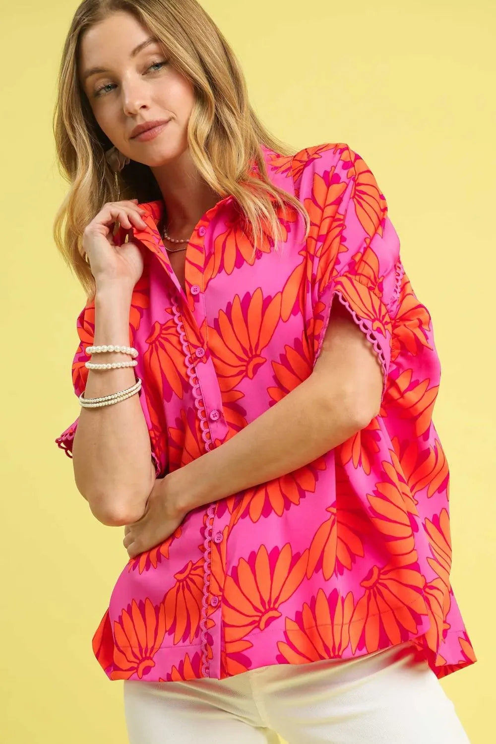 Umgee Shirt Hot Pink Floral Printed Button-Up Relaxed Short Sleeve Top Hot Pink e6ab50f1-79fb-41a2-9a23-9635f453fc69-Max-Origin Trendsi