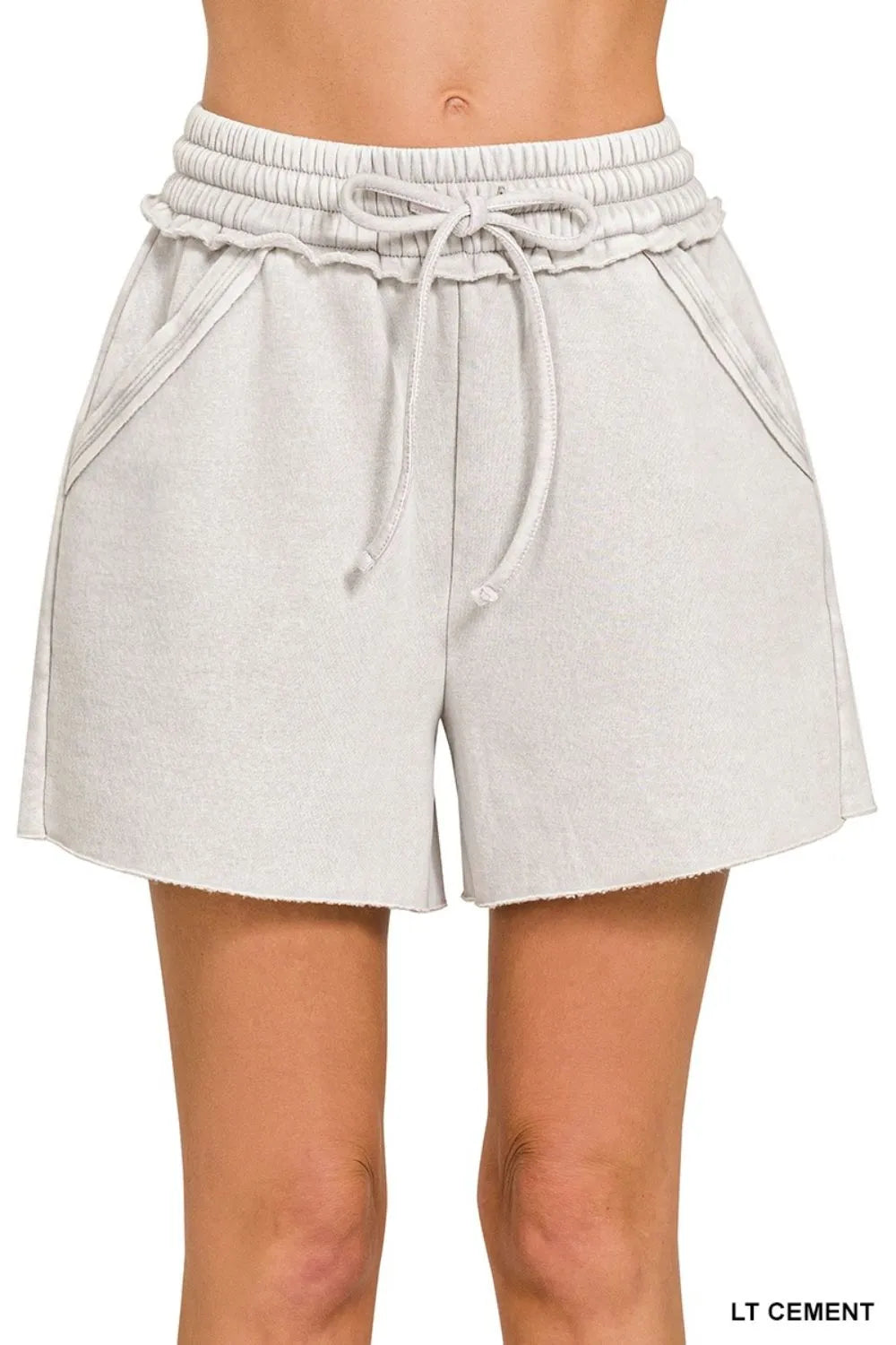 Zenana Fleece Raw Hem Shorts With Drawstring Waist and Pockets Light Gray LT CEMENT e6aeeb49-3485-4a8e-961a-c8ec97d096c5-Max-Origin Trendsi