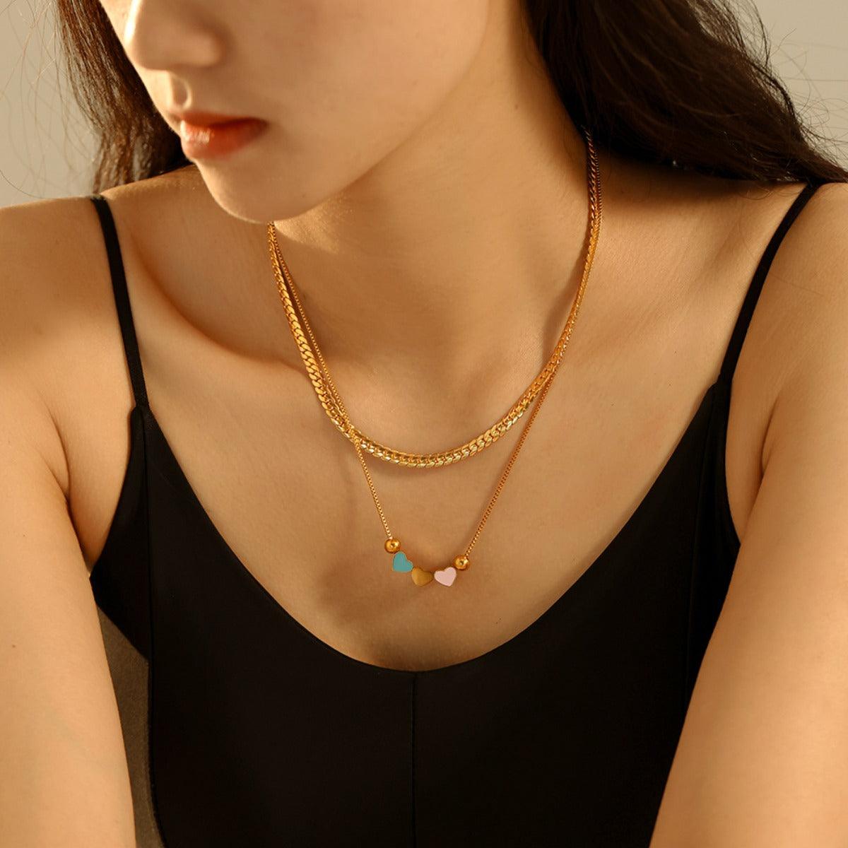 18K Gold-Plated Heart Necklace Chain Double Layered Drip Oil