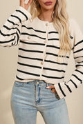 Striped Knit Cardigan Button Up Round Neck Flap Pockets Beige e6b2556e-ab7e-4c6f-91ea-87af26f8d8fb-Max Trendsi