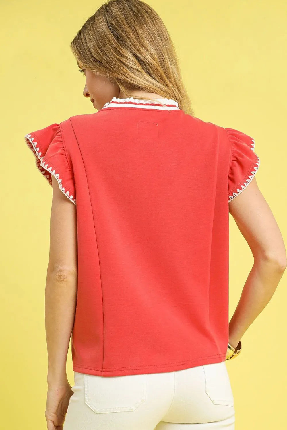Umgee Blouse Red Contrast Trim Ruffle Short Cap Sleeve Top e6b4f27c-5c1d-4de0-b70d-c3cc03ffa7a0-Max-Origin Trendsi