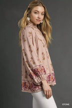 Umgee Women's Blouse Stone Brown Floral Boho Peasant Ruffle Tied Top e6b75725-d85c-4876-bd5d-feb4fe376cdb-Max-Origin Trendsi