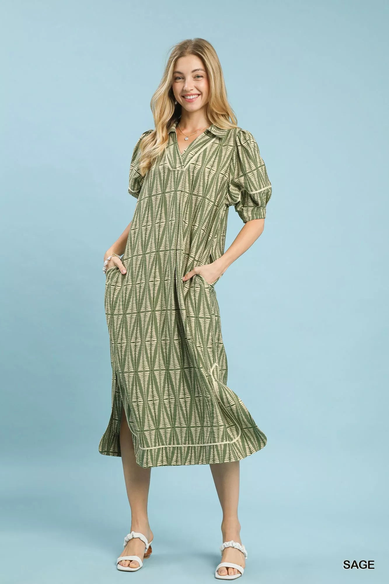 Umgee Midi DressvGeometric Print Sage Green Short Ballon Sleeve with Pockets e6b8a819-fbdd-46f0-a249-1bfc45f8d735-Max-Origin Trendsi