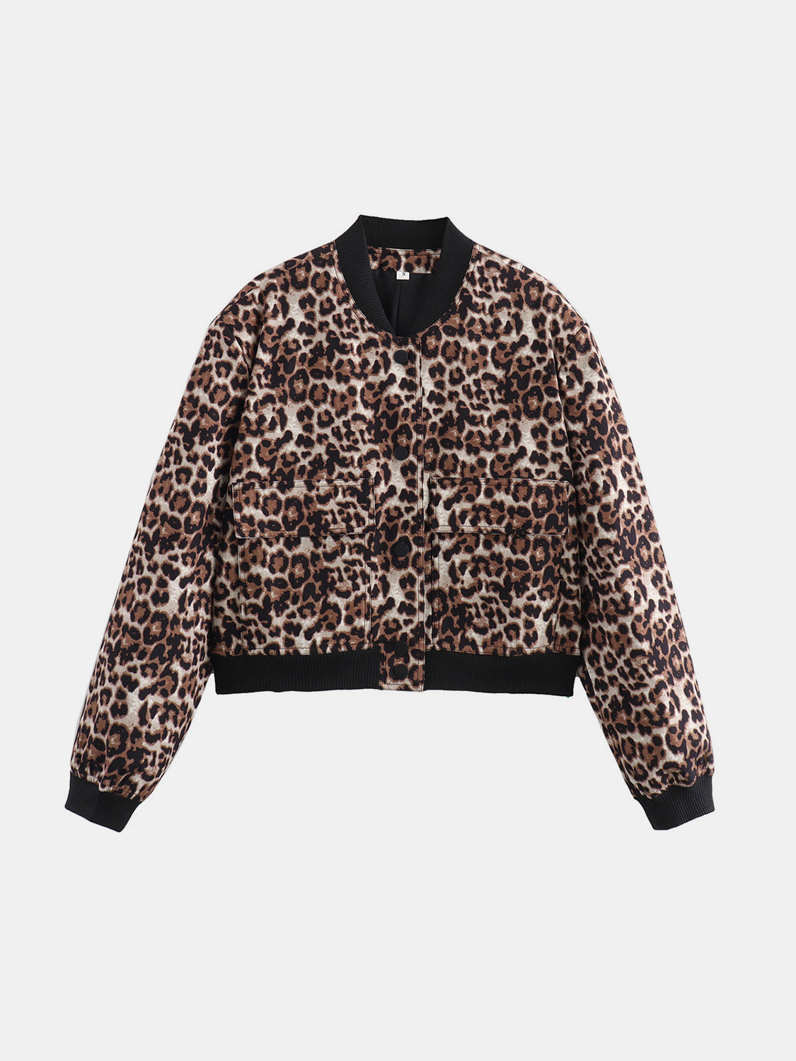Leopard Cropped Women Jacket Baseball Collar Pocketed Snap Long Sleeve e6be747d-f9bb-4920-8321-eb06431d75c7-Max Trendsi