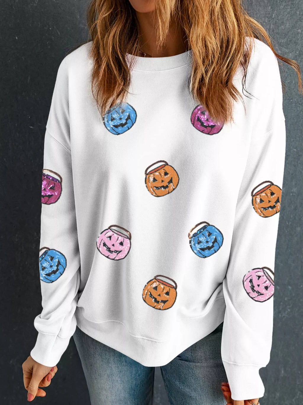 Halloween Pumpkin Women's Sweatshirt White Lantern Sequin Patched Long Sleeve White e6c4104c17764bd58f6644d791366248-Max-Origin Trendsi