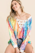 BiBi Tie Dye Womens Top Deep V-neck Blouse With Lace Up Front e6cb3e66b9a4437d93d31587aa389255-Max-Origin Trendsi