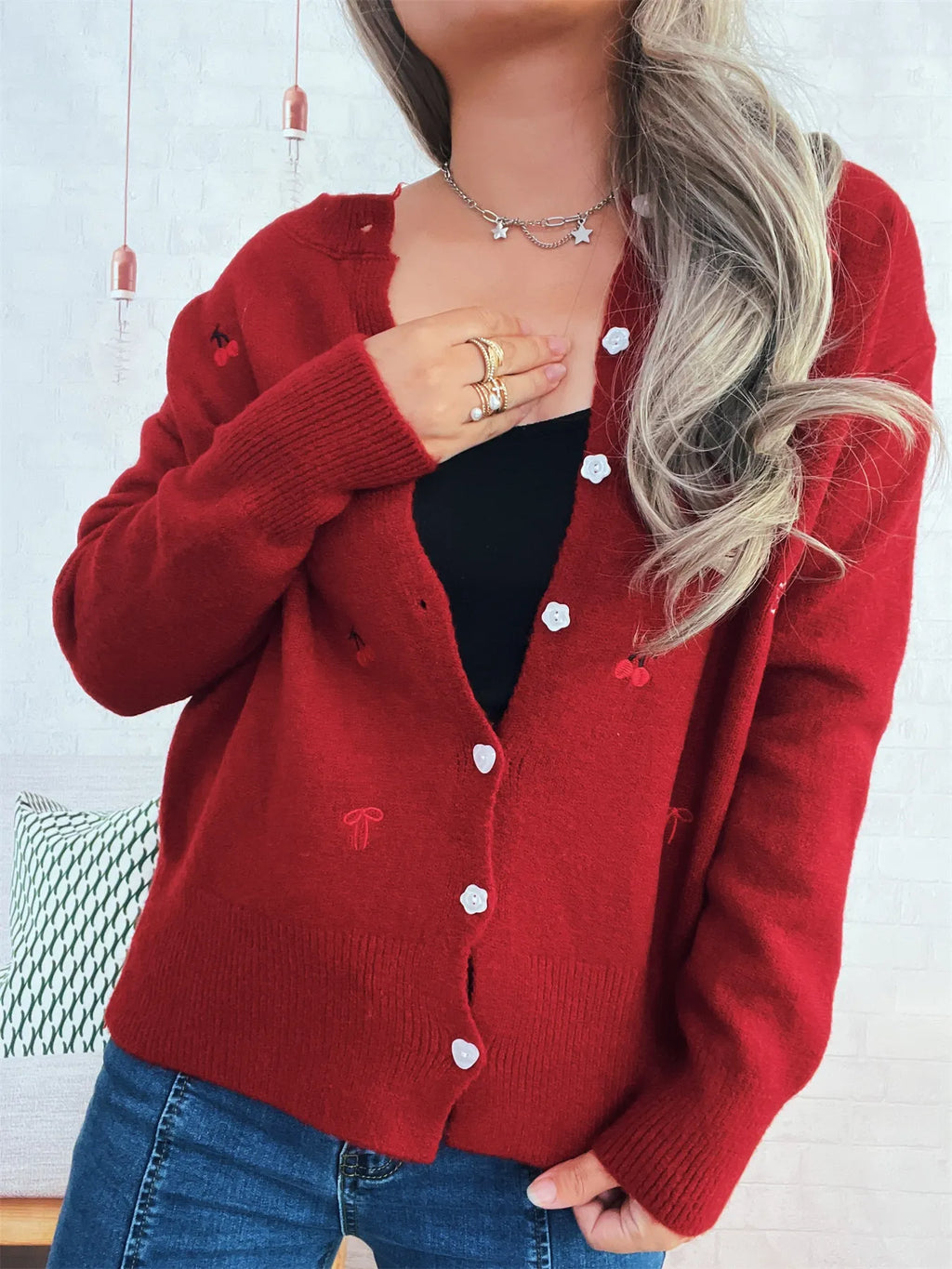 Women's Cardigan Ribbed Button-Front Knit Embroidered Long Sleeve Red One Size e6cd308d4e0743dfb215d9f14b186f66-Max-Origin Trendsi