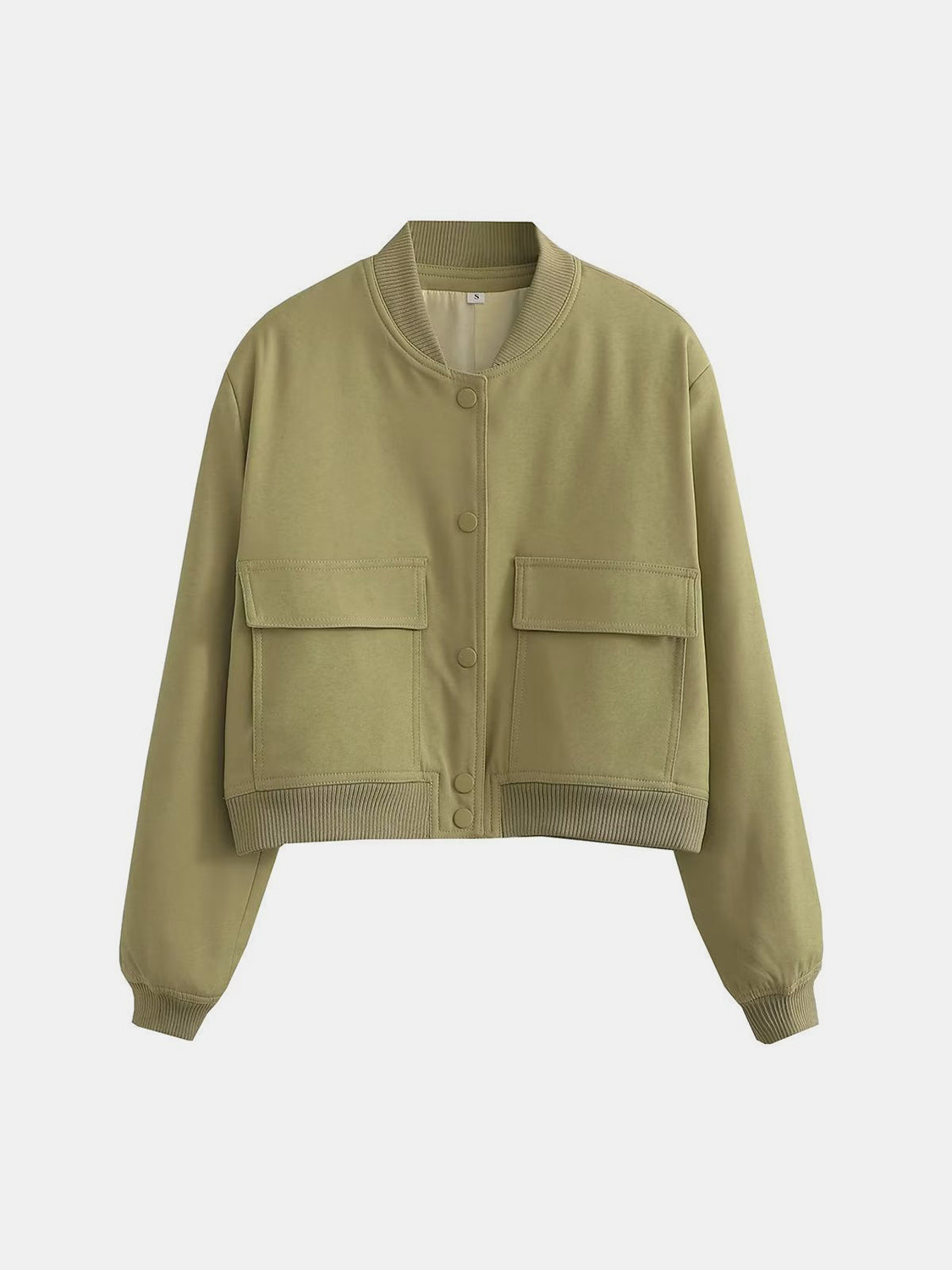 Leopard Cropped Women Jacket Baseball Collar Pocketed Snap Long Sleeve Yellow-Green e6cee5f0-61ae-41ef-85f1-72ecb7f080ec-Max Trendsi